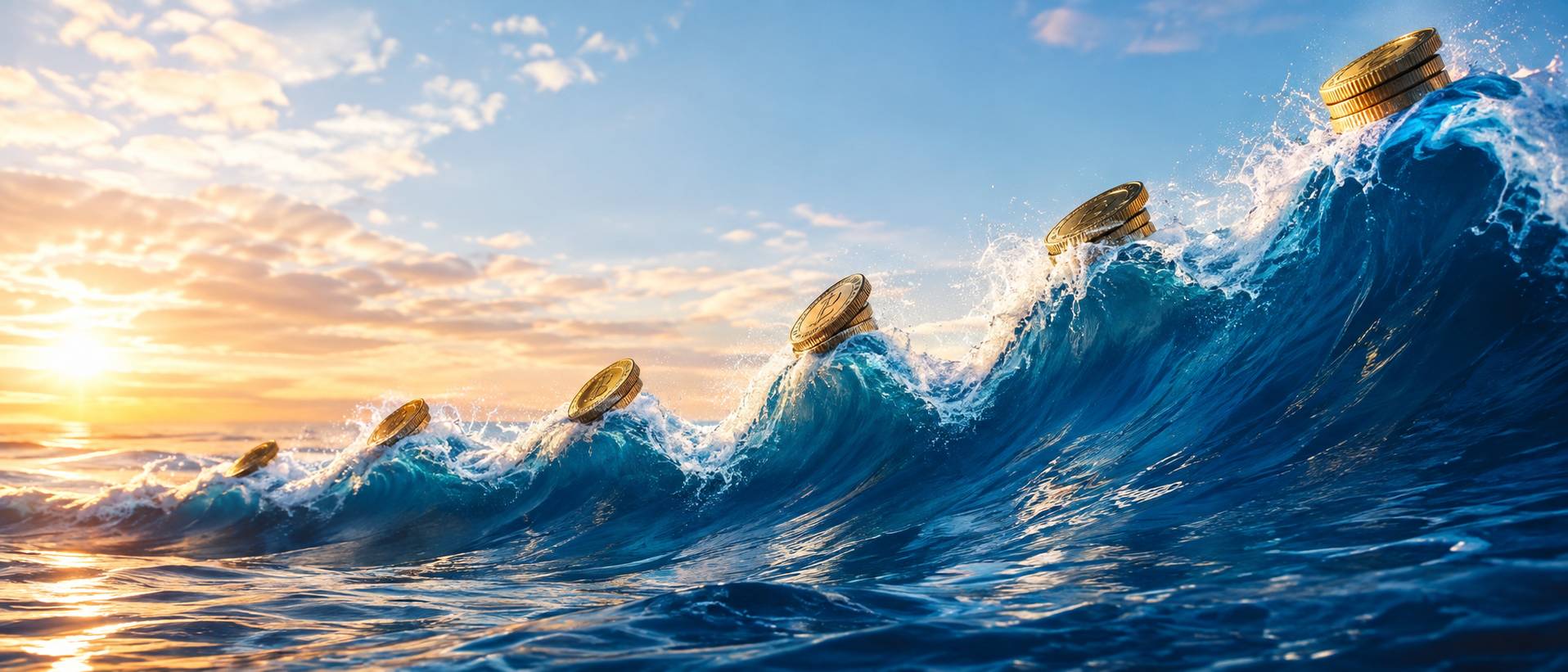 Coins surfing on a huge wave shaped like a price chart