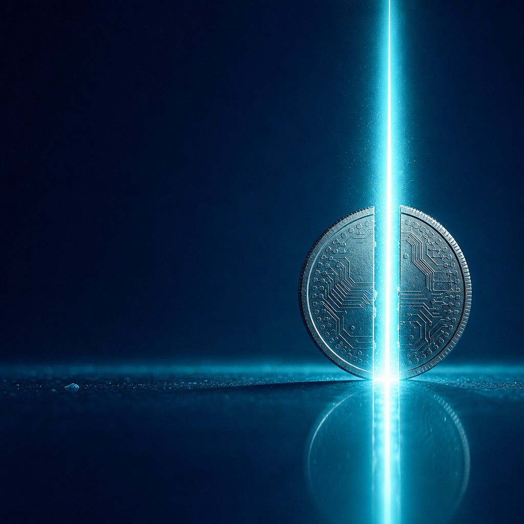 Coin being split into two halves by a beam of light