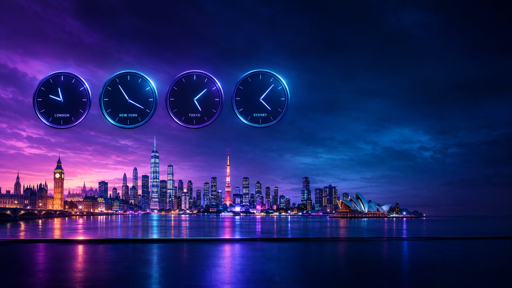 Four clocks showing london new york tokyo and sydney trading session times above a city skyline